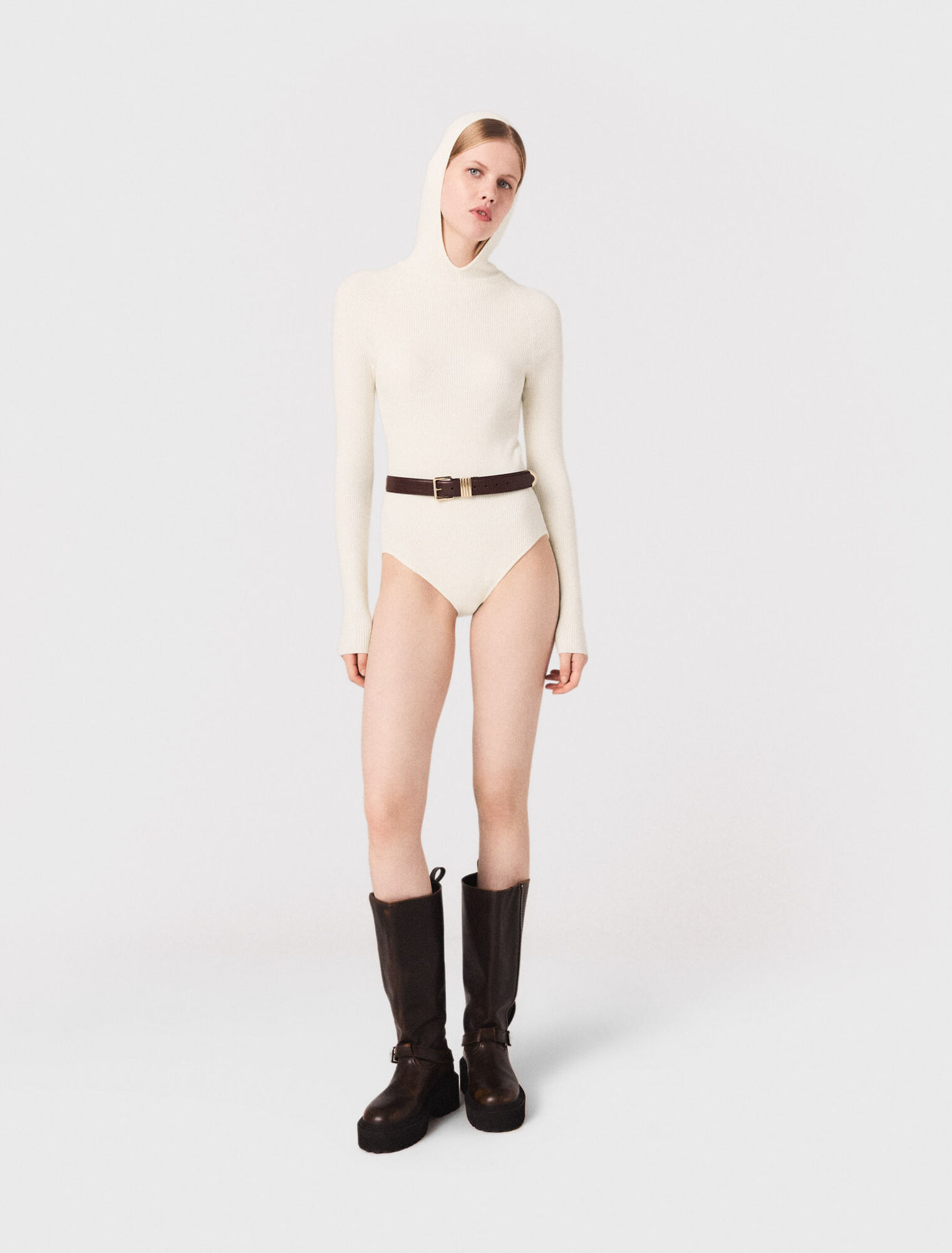 Hooded ribbed-knit bodysuit
