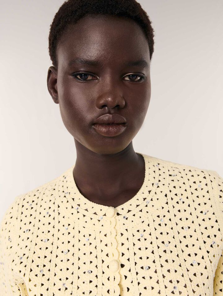 Cropped rhinestone crochet cardigan