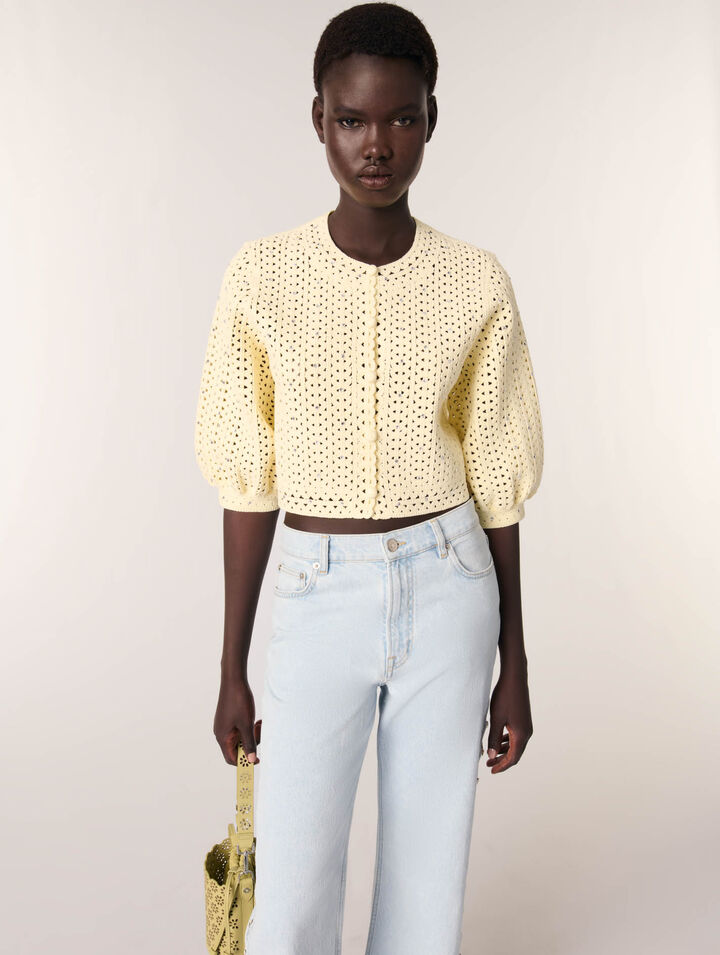 Cropped rhinestone crochet cardigan