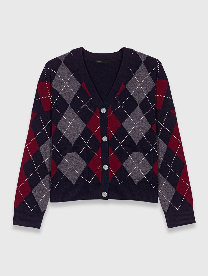 Cropped argyle pattern cardigan