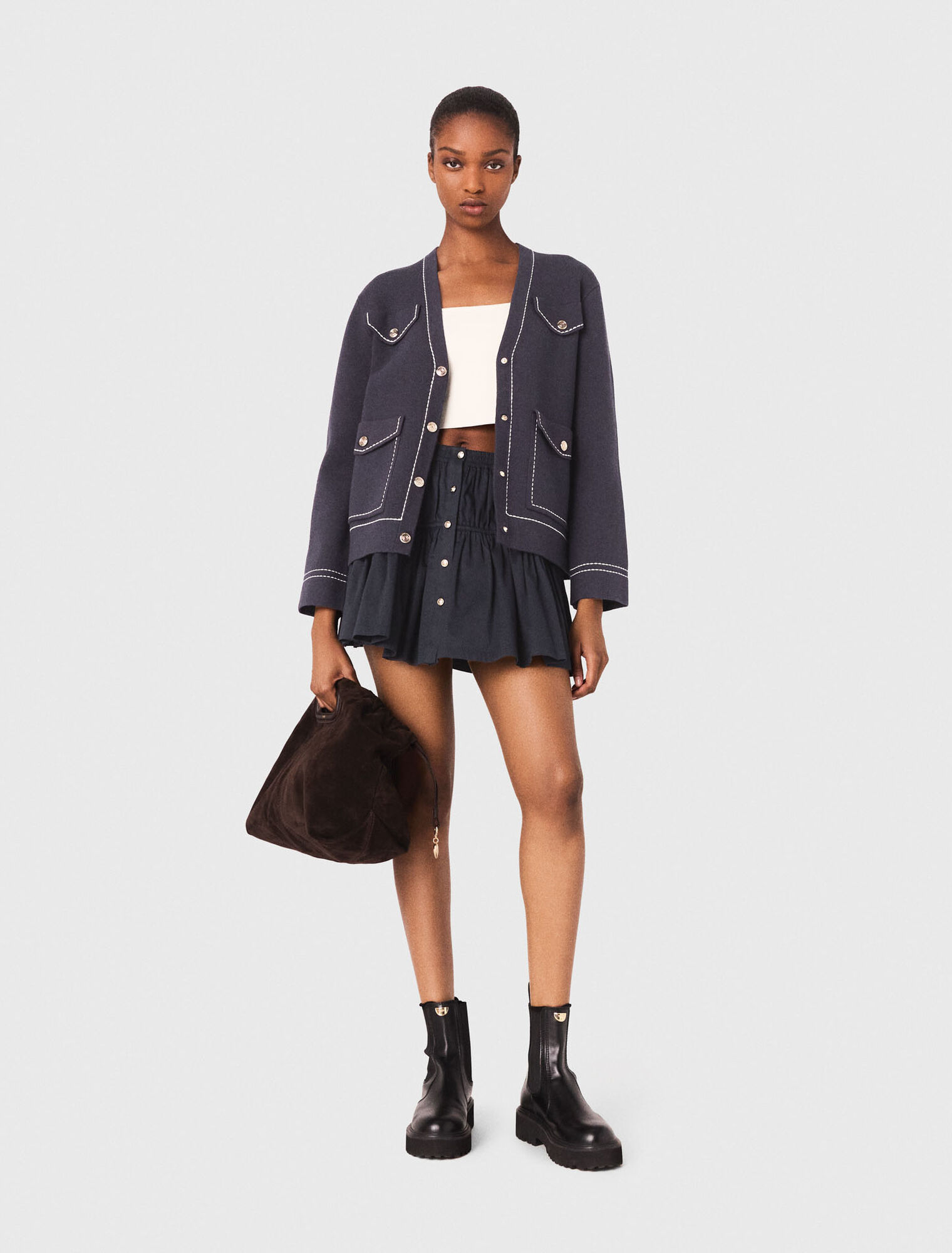 Long topstitched knit cardigan