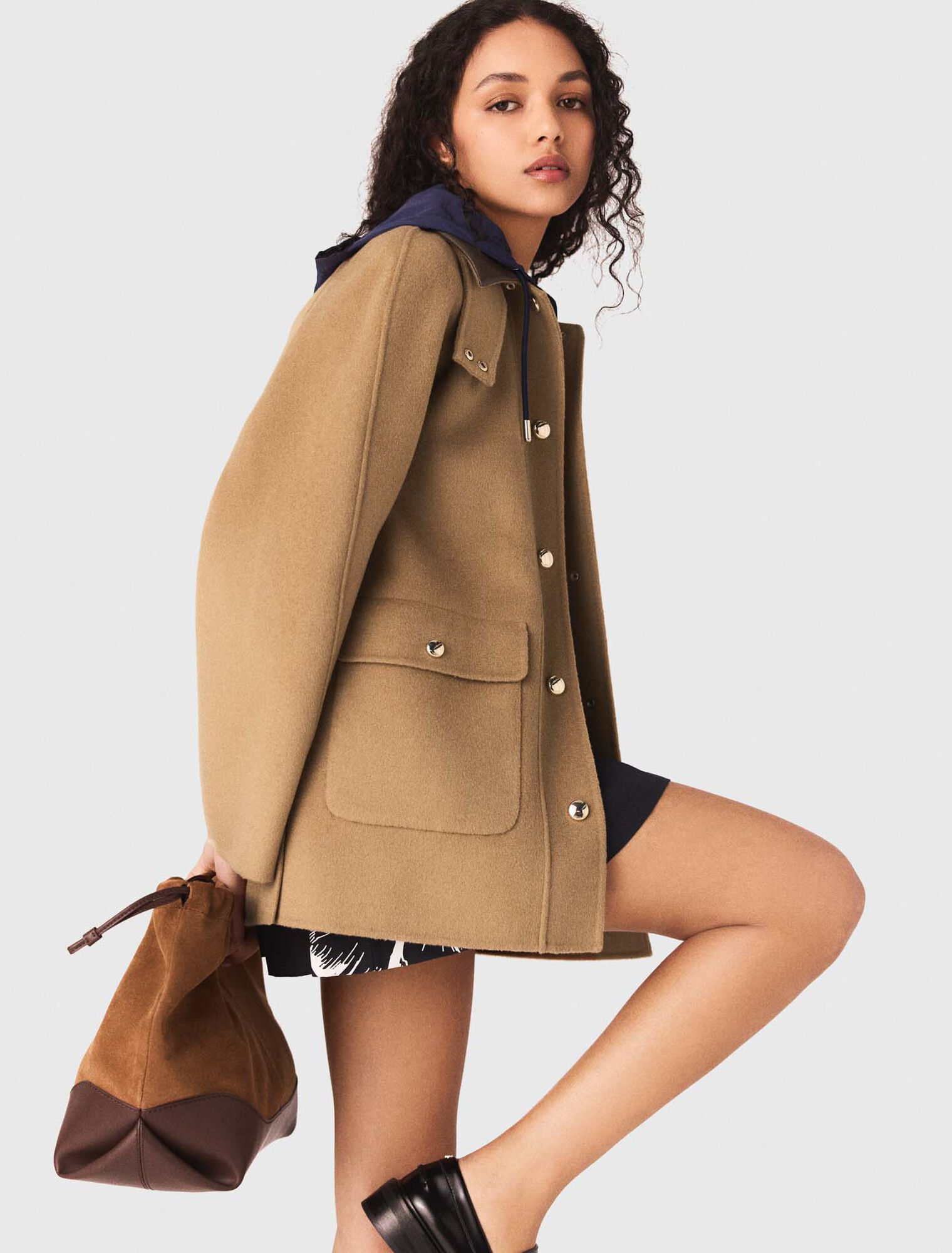 Wool coat with removable hood