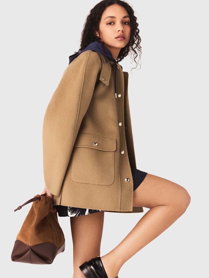 Wool coat with removable hood