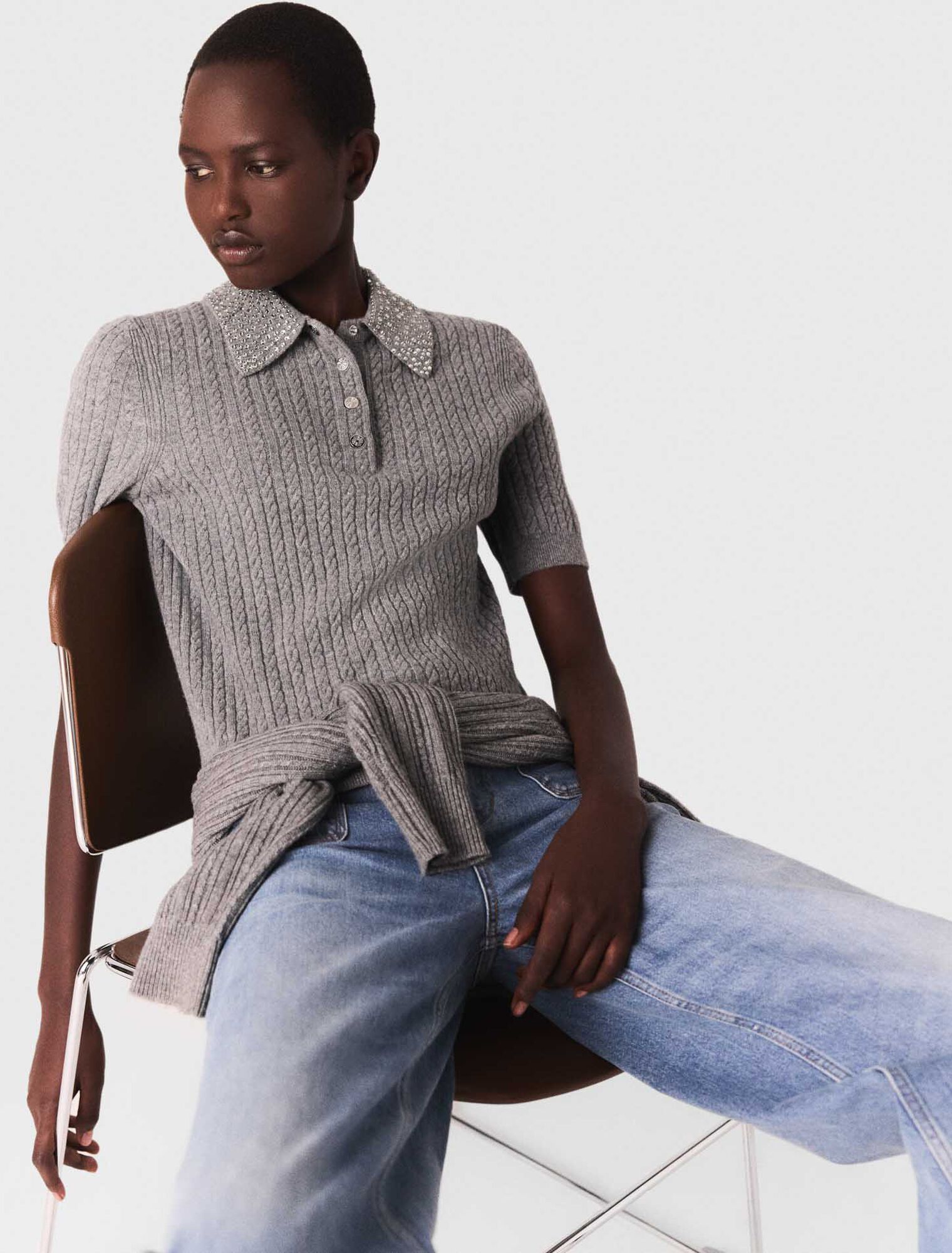 Wool polo shirt with rhinestone collar