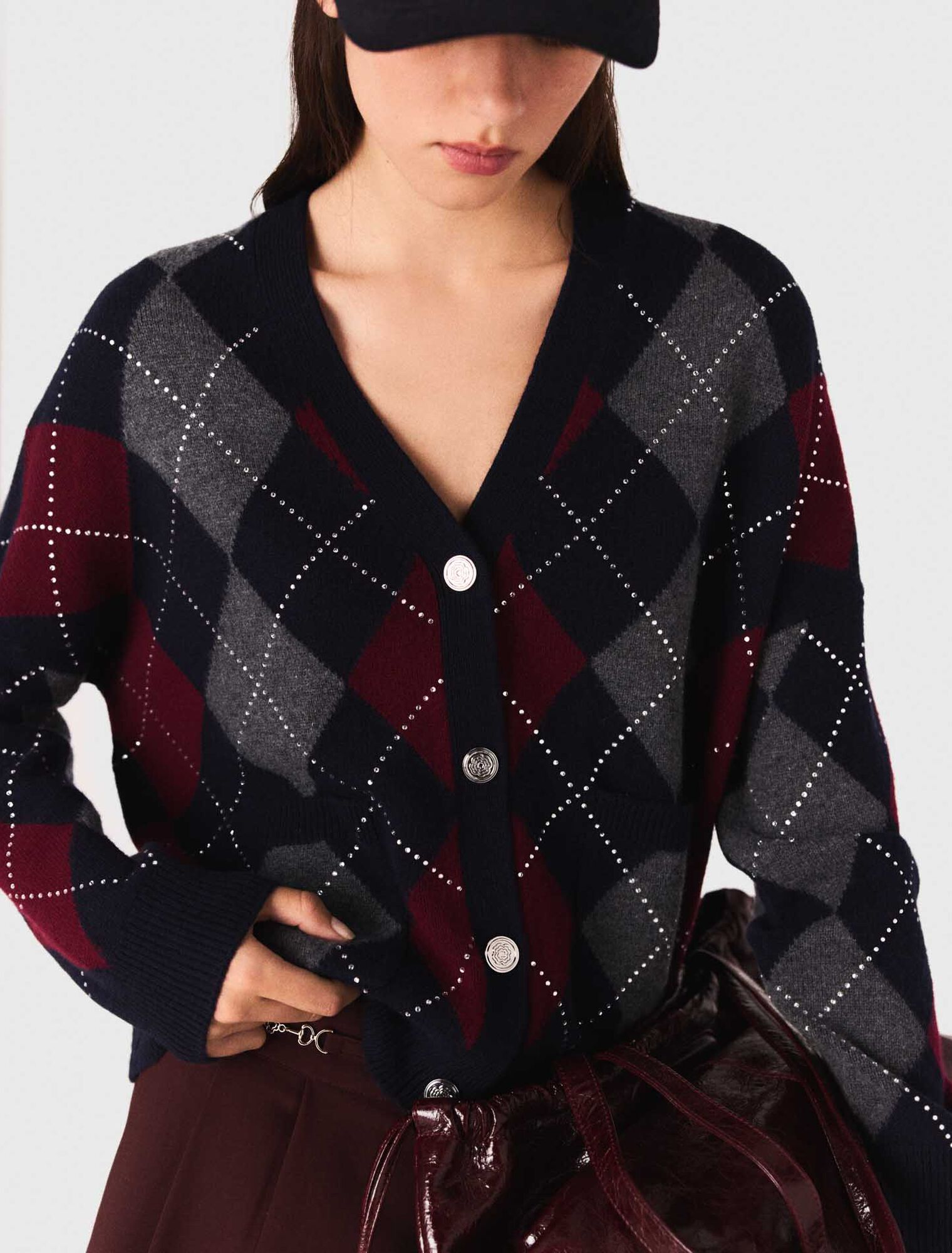 Cropped argyle pattern cardigan