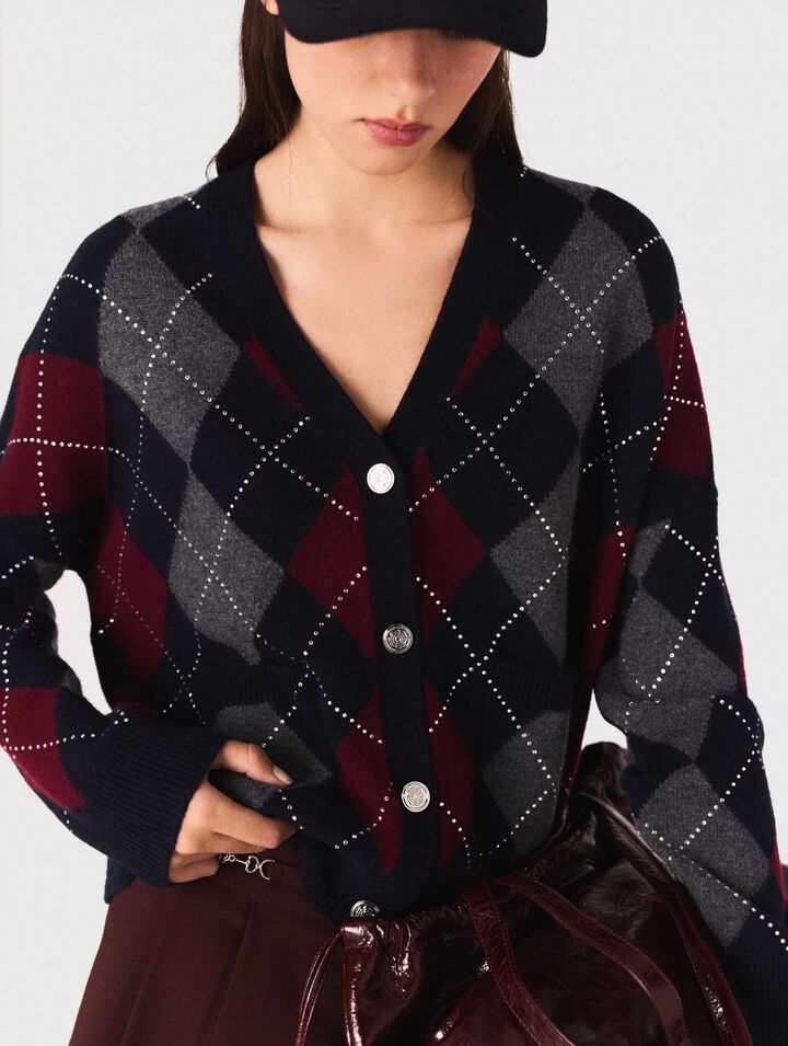 Cropped argyle pattern cardigan