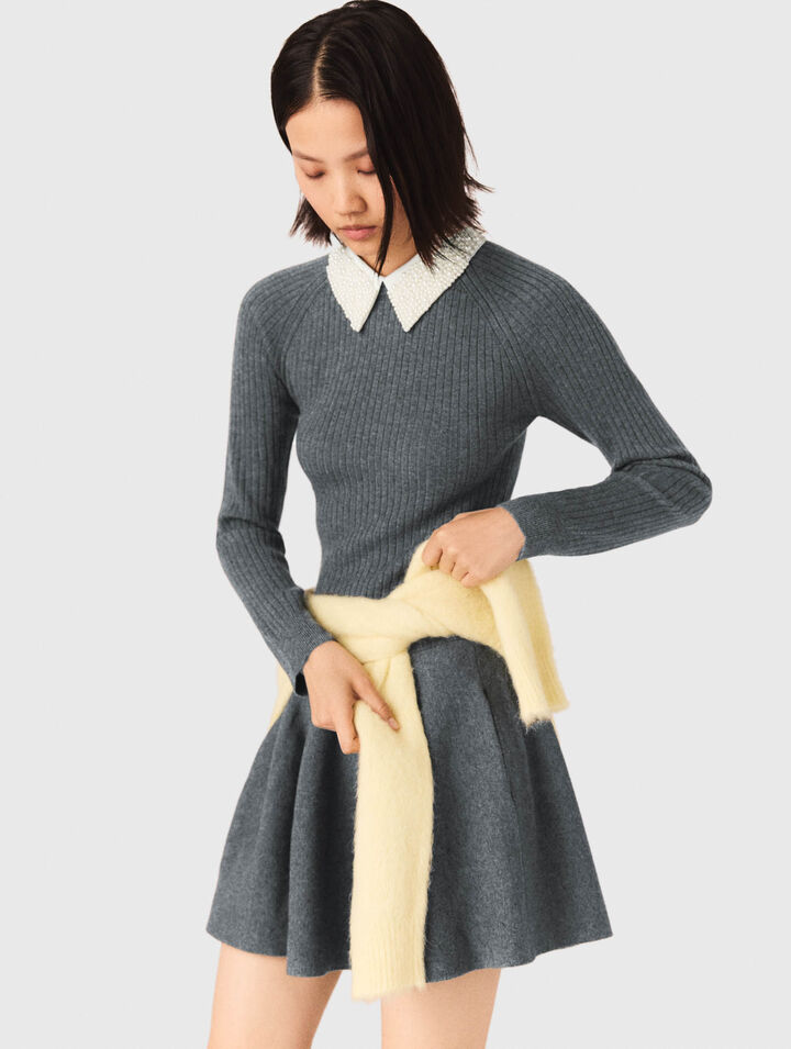 Beaded-collar short knit dress