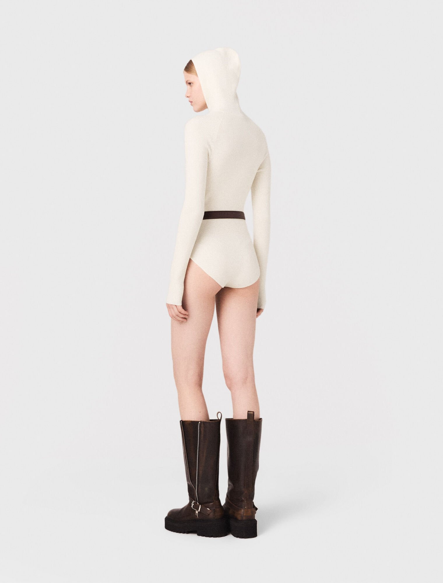 Hooded ribbed-knit bodysuit