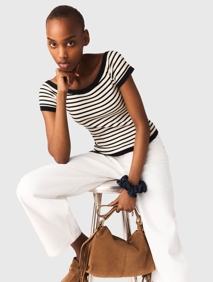 Rib knit top with boat neck