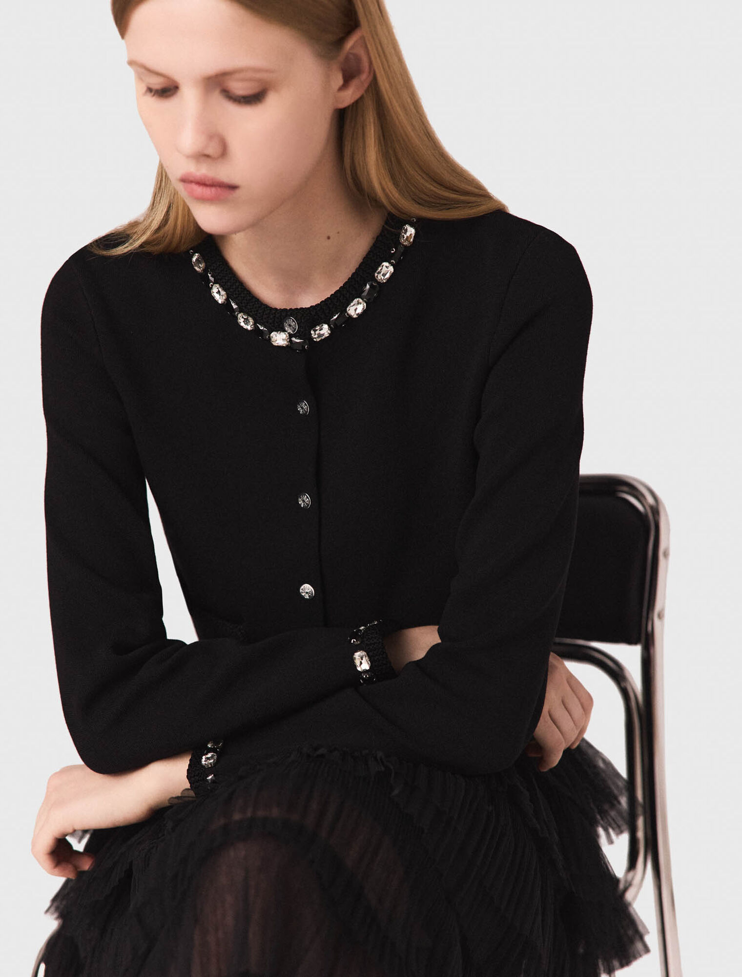 Cropped jewellery detail cardigan