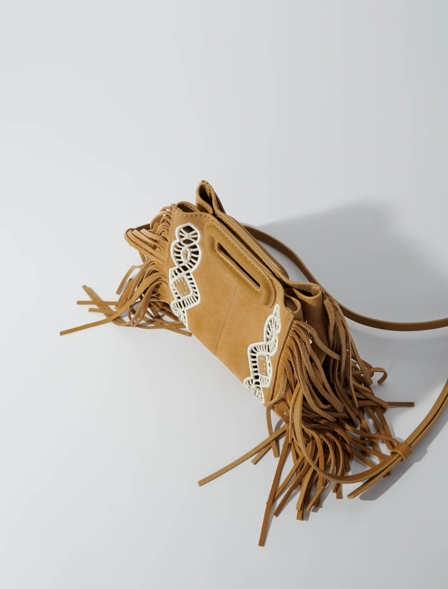 Embroidered suede fringed M mini bag