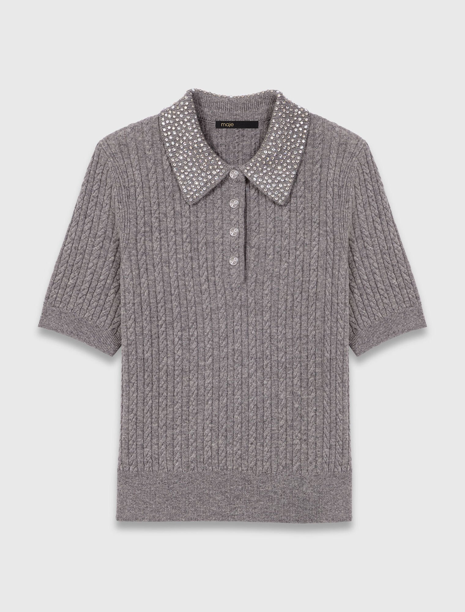 Wool polo shirt with rhinestone collar