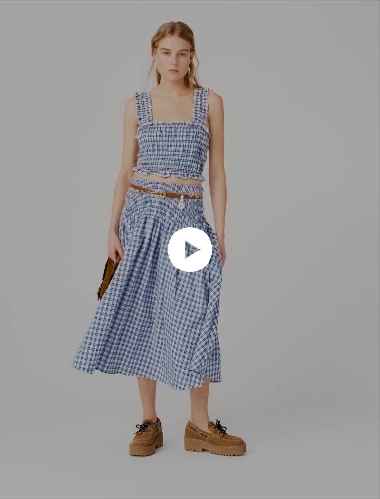 Smocked rhinestone cotton top Blue check print for Women | Maje
