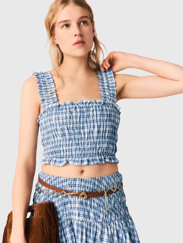 Smocked rhinestone cotton top