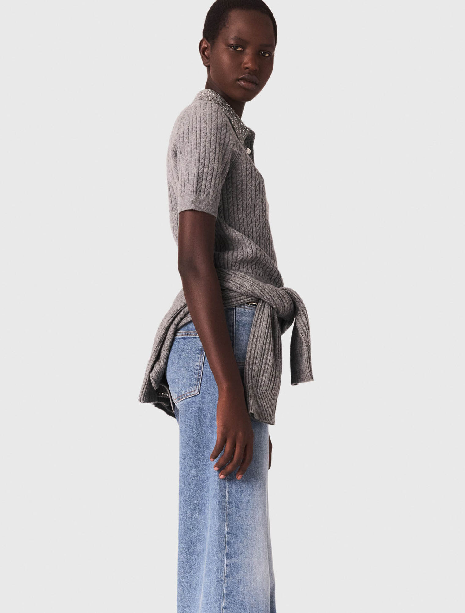 Wool polo shirt with rhinestone collar