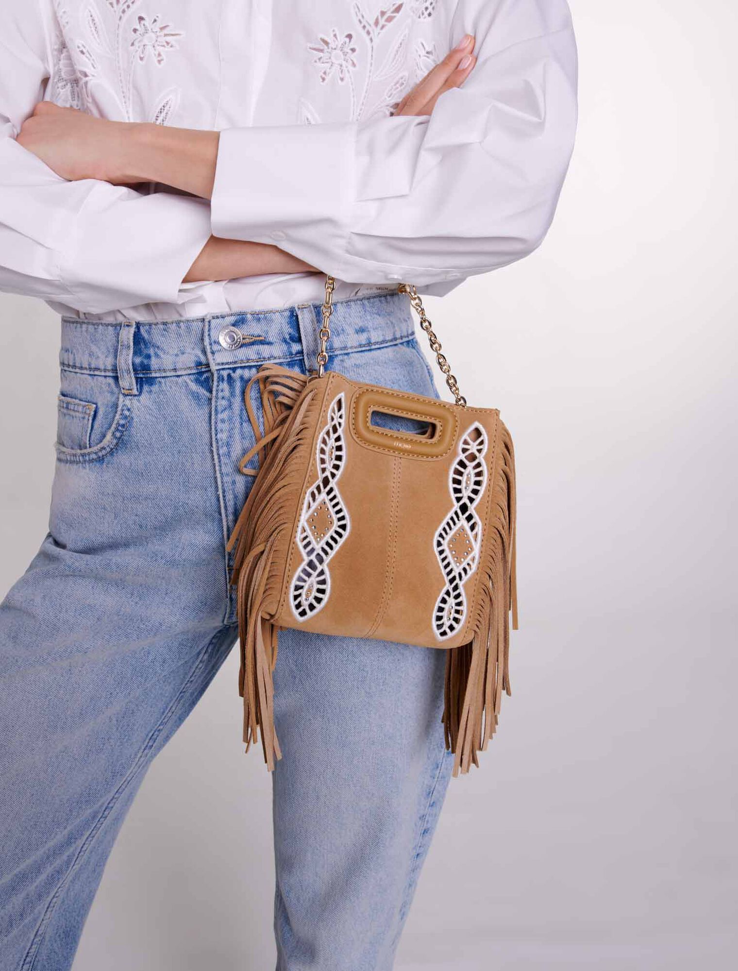 Embroidered suede fringed M mini bag