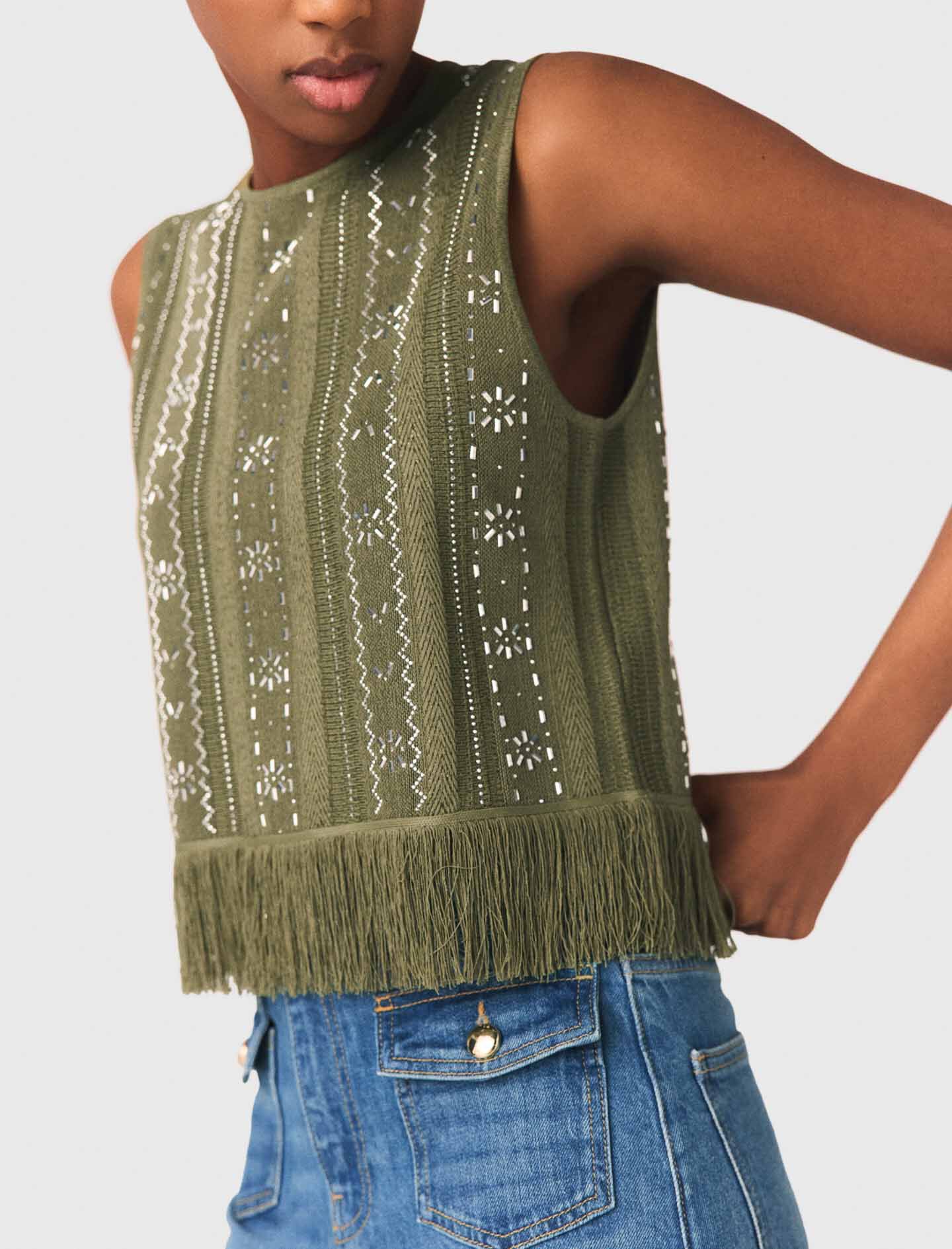 Fringed rhinestone flower top Khaki for Women | Maje
