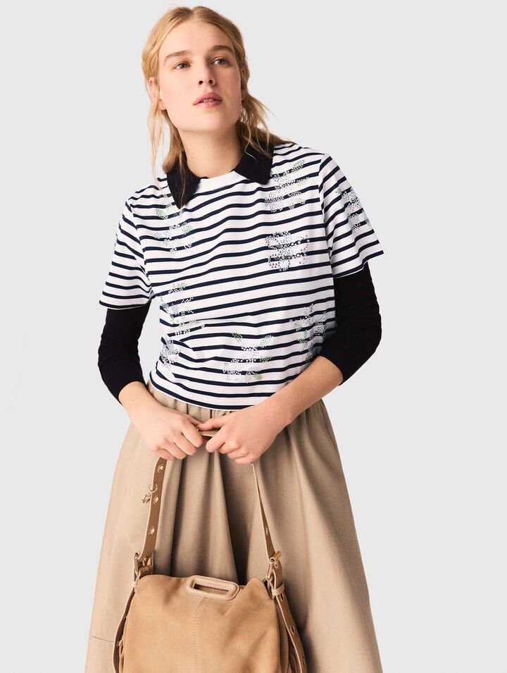 Striped rhinestone flower T-shirt
