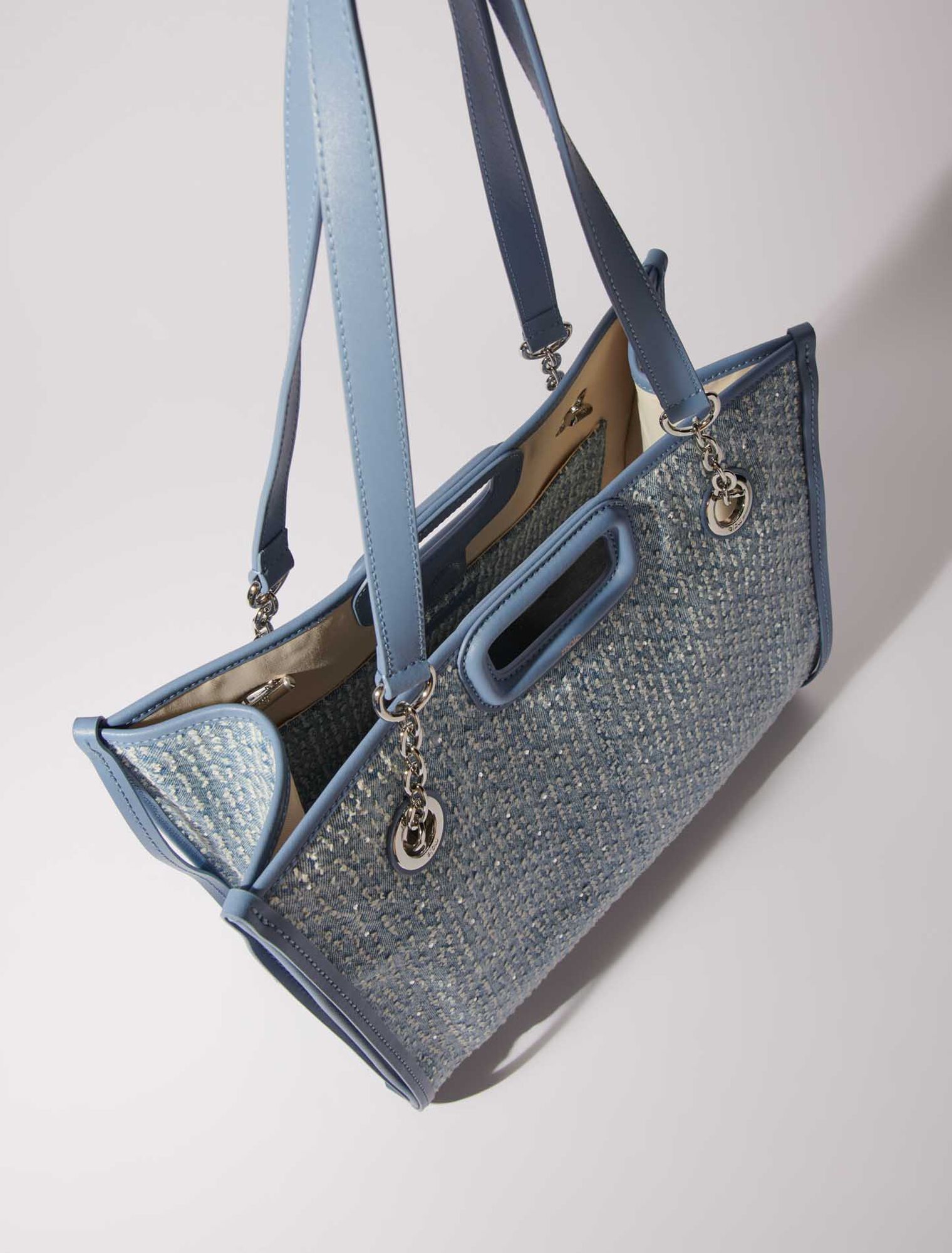 Denim and rhinestone tote bag
