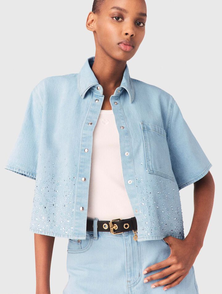 Cropped rhinestone denim shirt