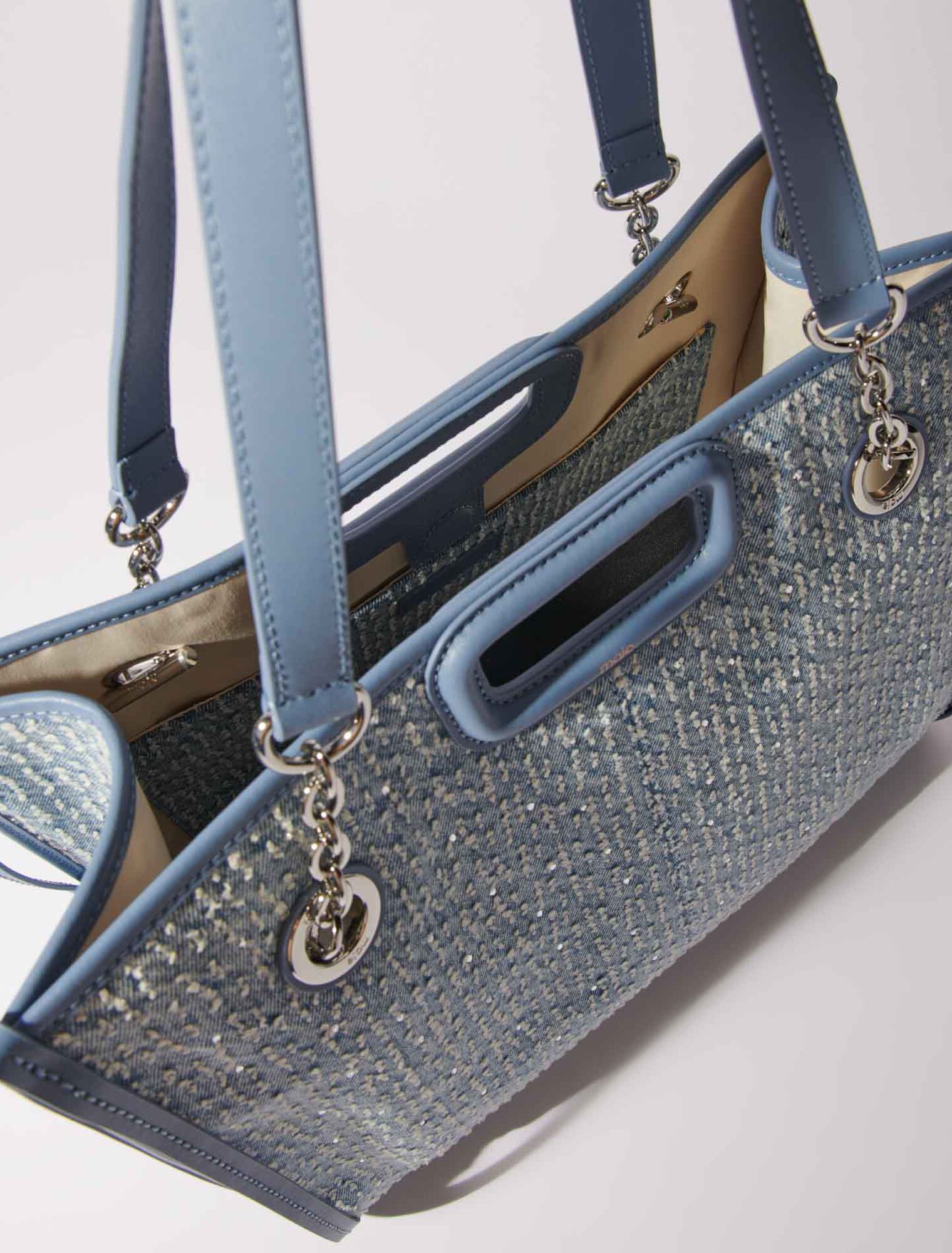 Denim and rhinestone tote bag