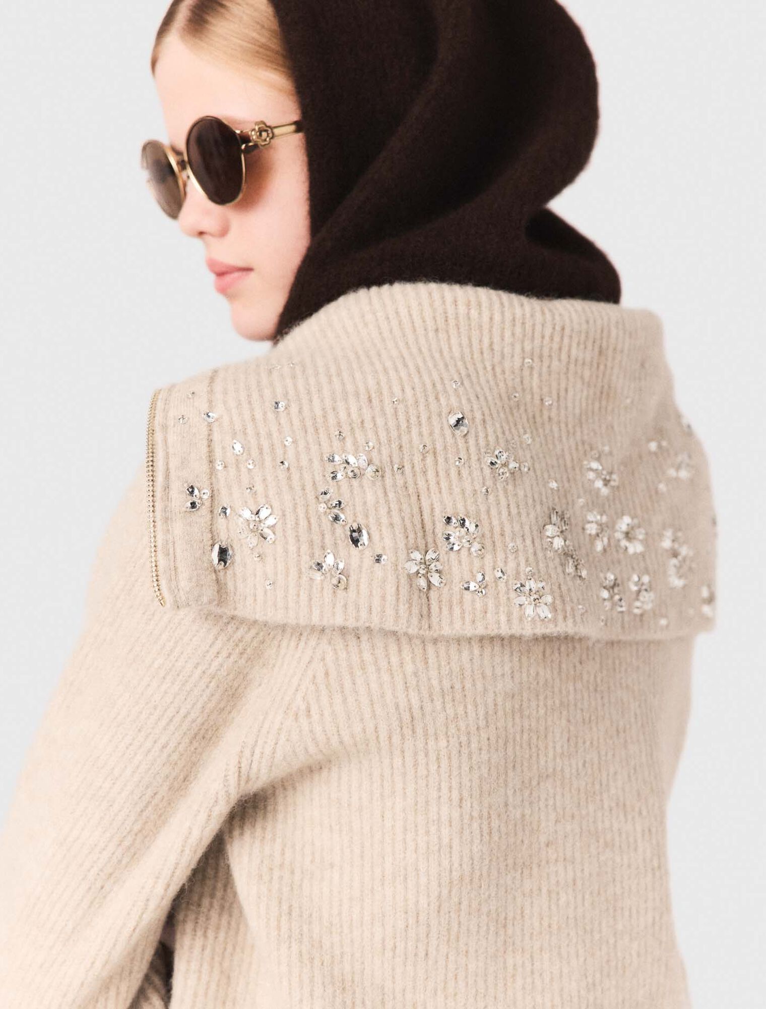 Rhinestone jumper with half-zip collar
