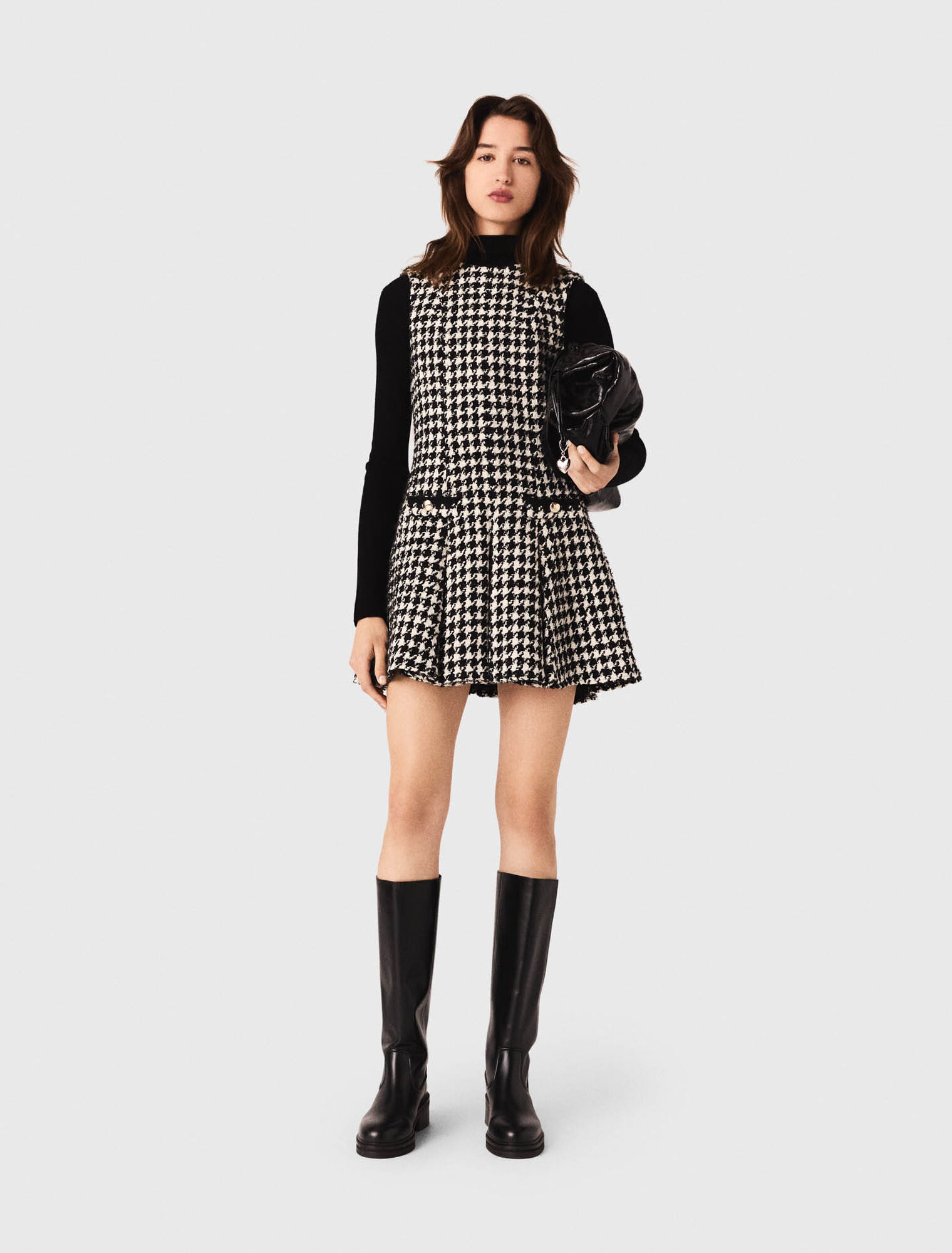 Flared houndstooth tweed dress