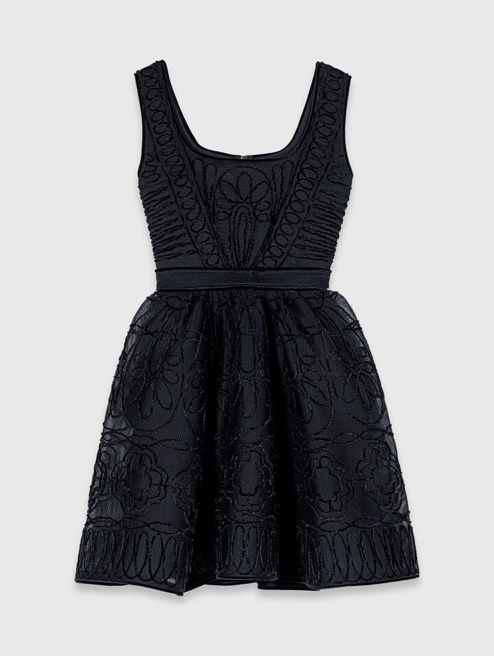 Short embroidered basket knit dress