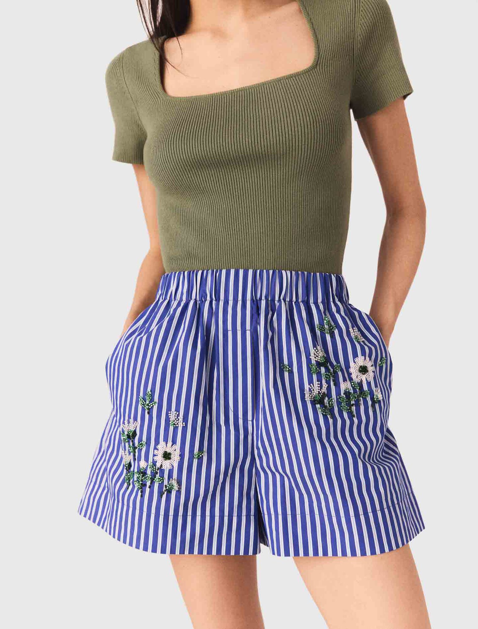 Embroidered striped cotton shorts