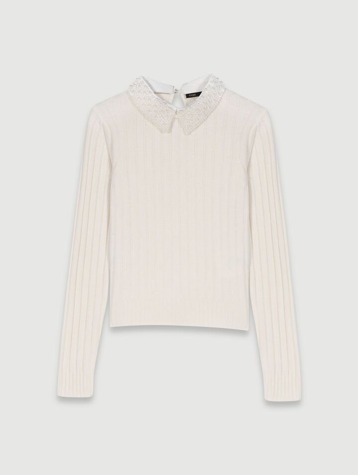 Pearl-collar ribbed jumper