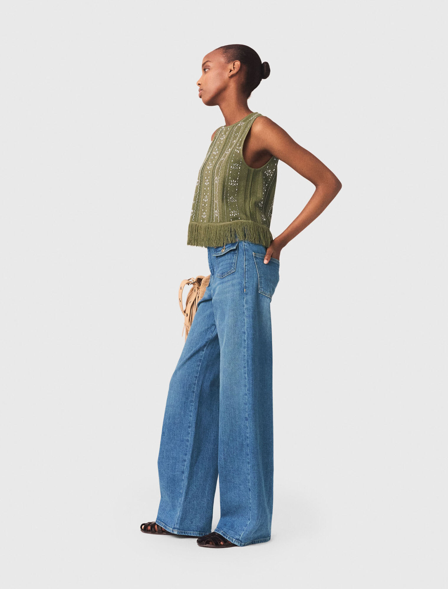 Fringed rhinestone flower top