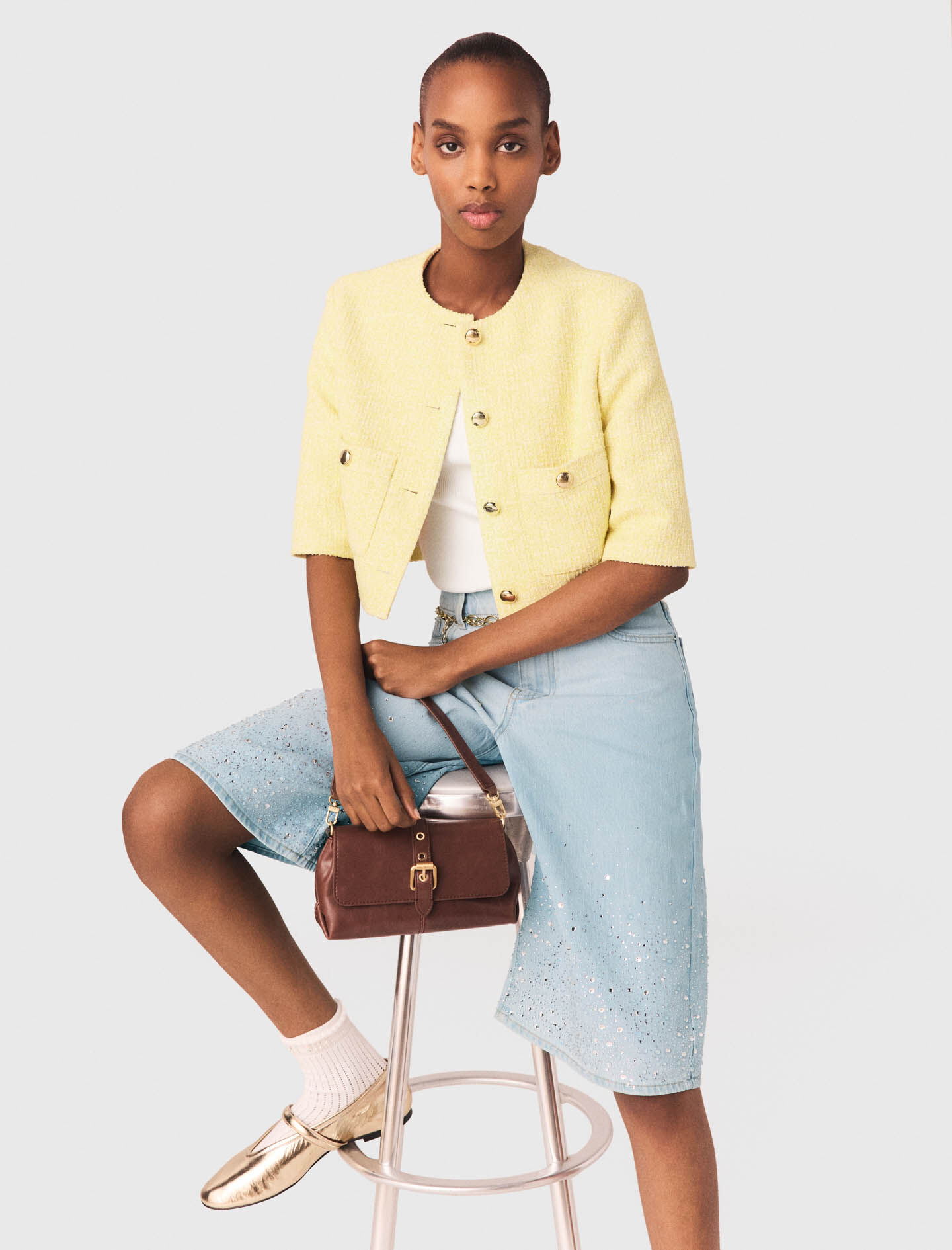 Short-sleeved tweed jacket Pale Yellow for Women | Maje