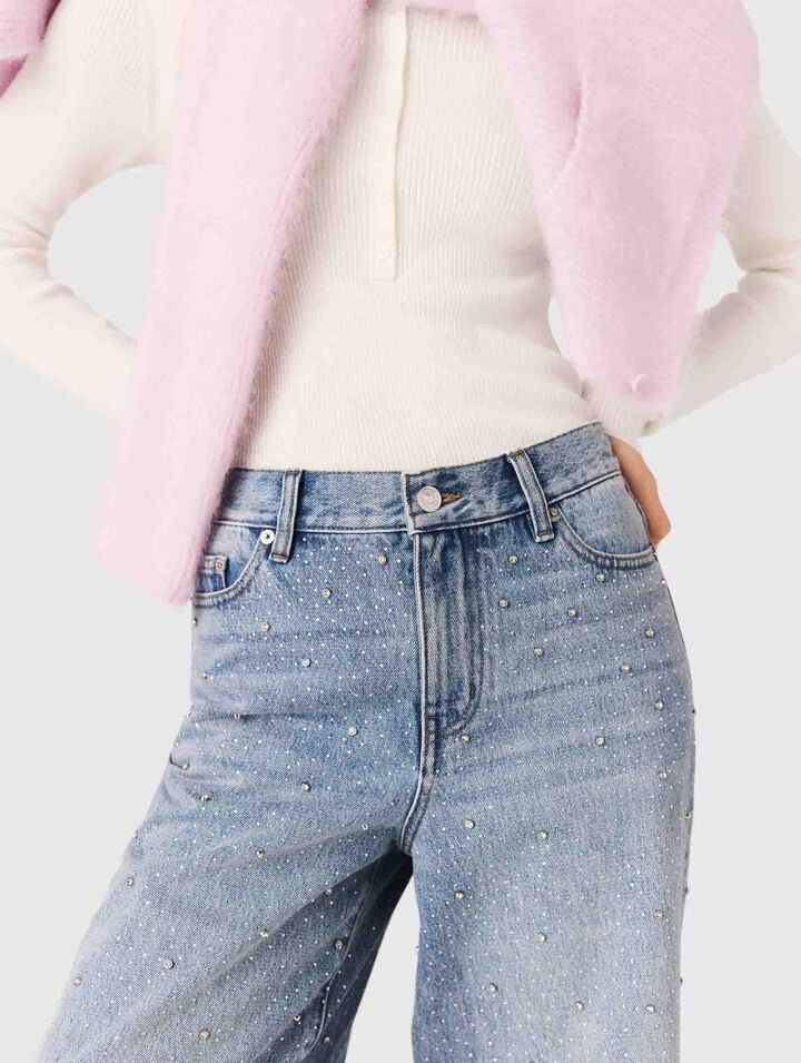 Wide-leg all-over rhinestone jeans
