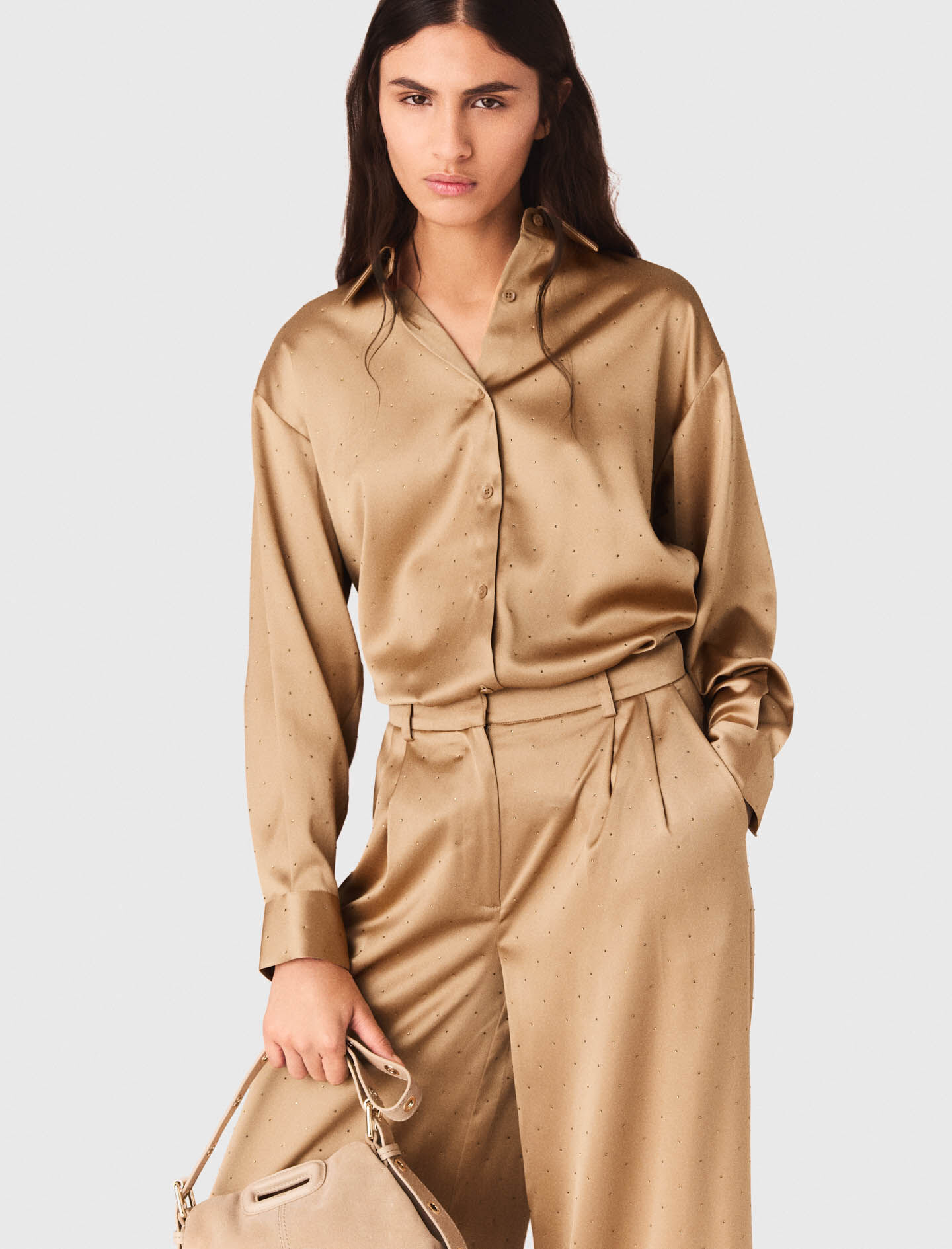 Rhinestone satin shirt Caramel for Women | Maje