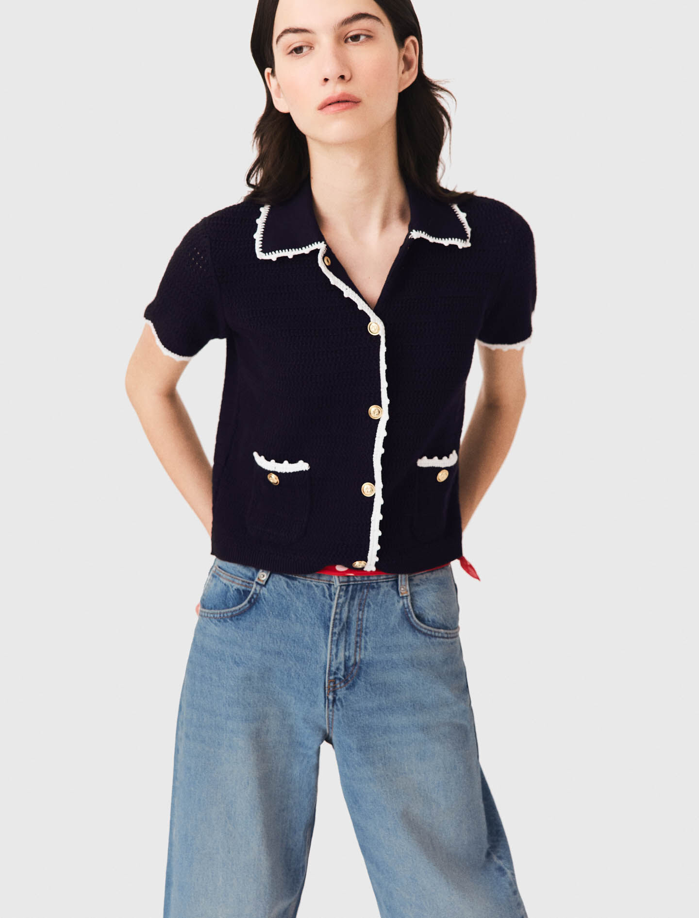 Cardigan with crochet trim Navy for Women | Maje