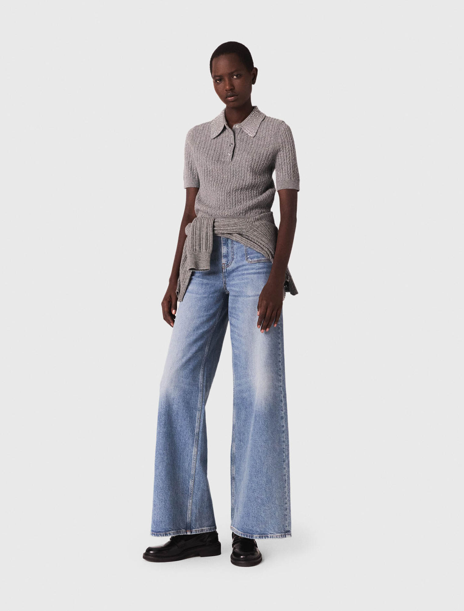 Wool polo shirt with rhinestone collar