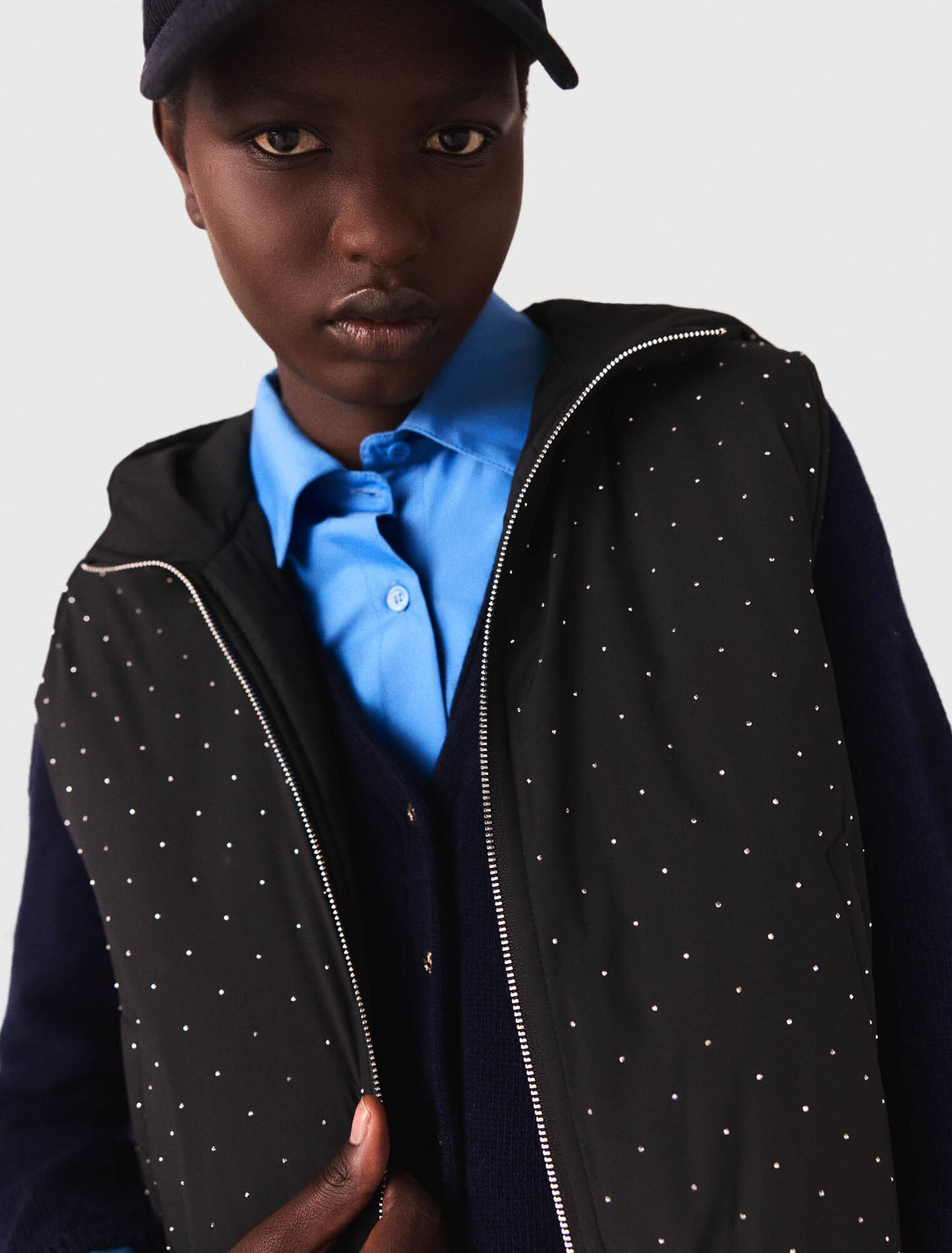 Rhinestone sleeveless puffer jacket