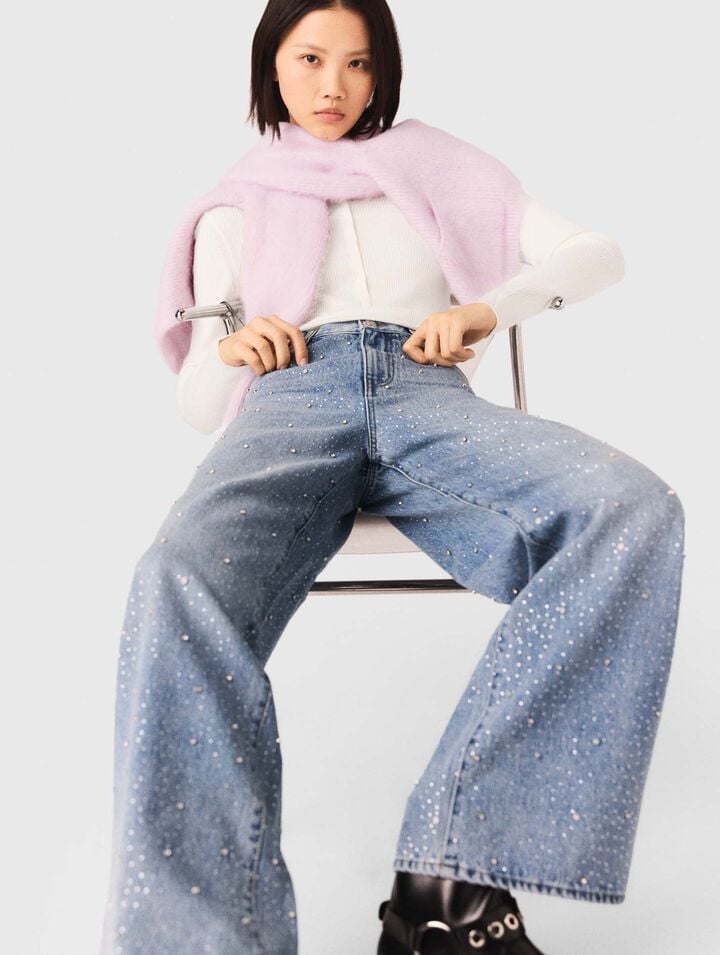 Wide-leg all-over rhinestone jeans