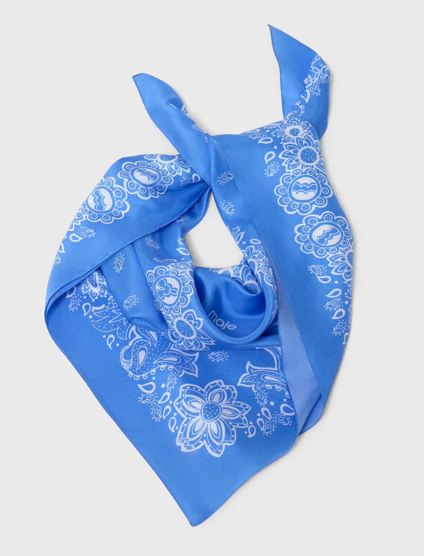 Bandana Print Silk Scarf Light Blue Bandana for Women | Maje