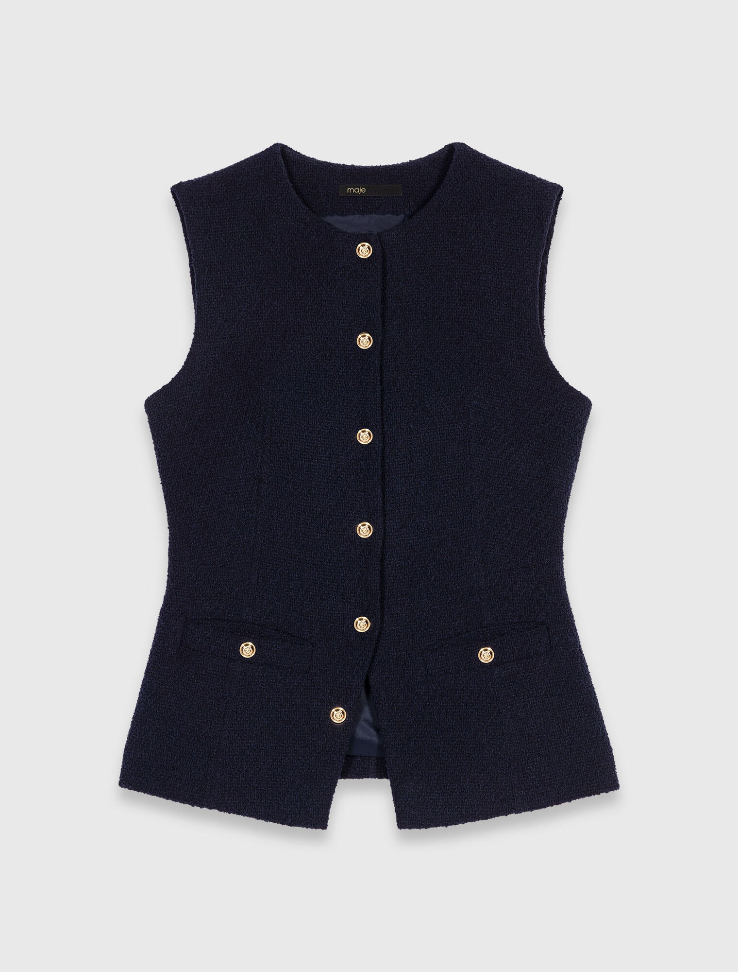 Long sleeveless tweed jacket