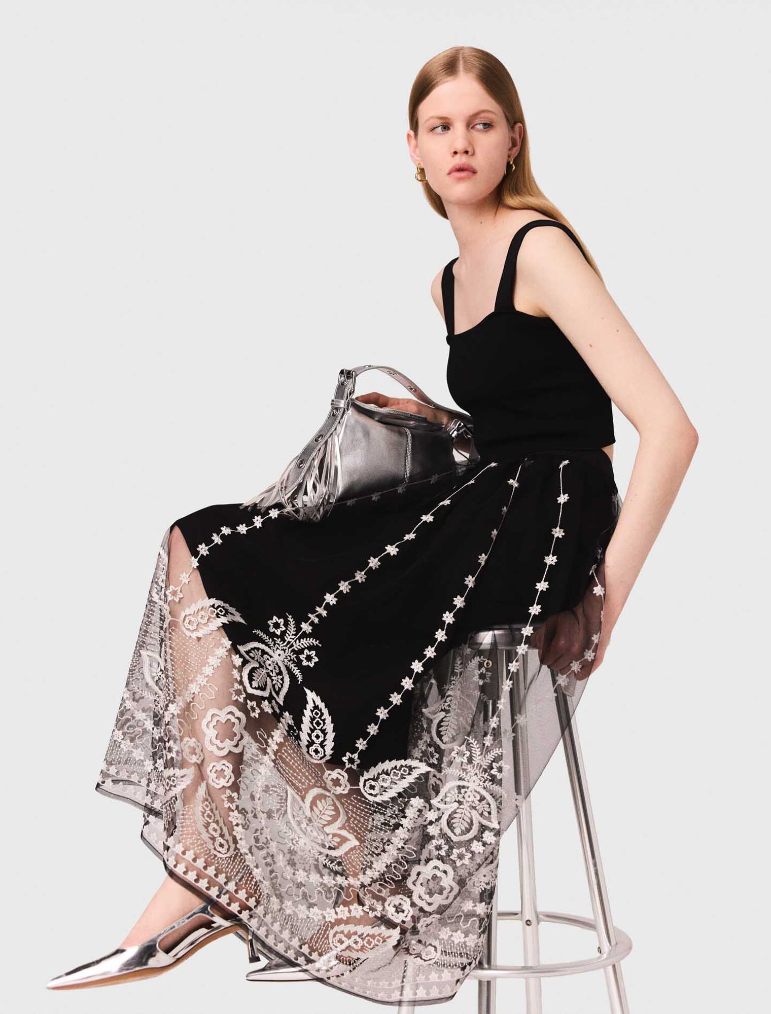 Long embroidered tulle skirt