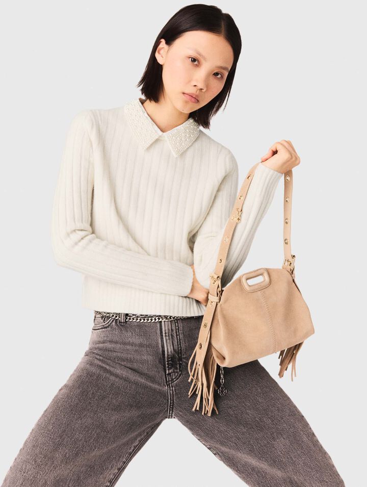 Pearl-collar ribbed jumper