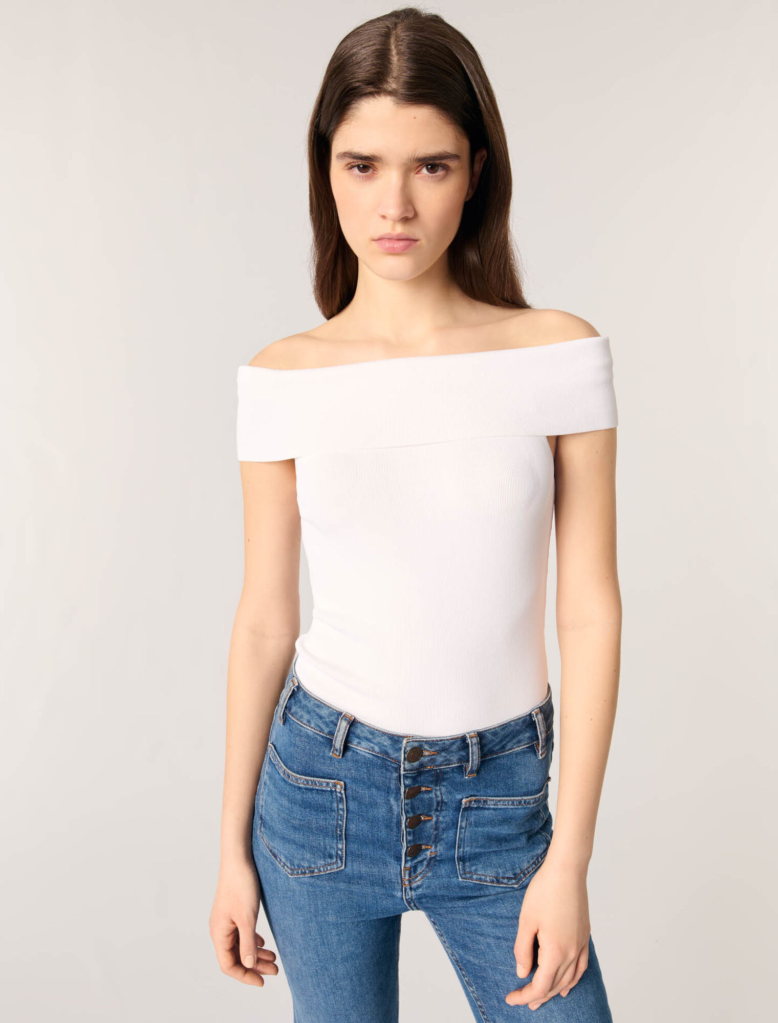 Rib knit bardot-neck top