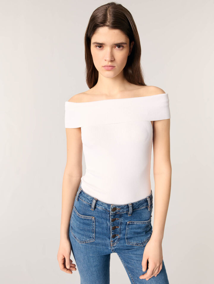 Rib knit bardot-neck top