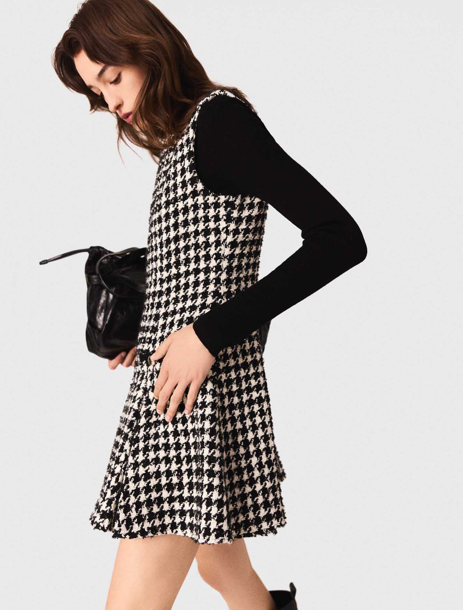 Flared houndstooth tweed dress