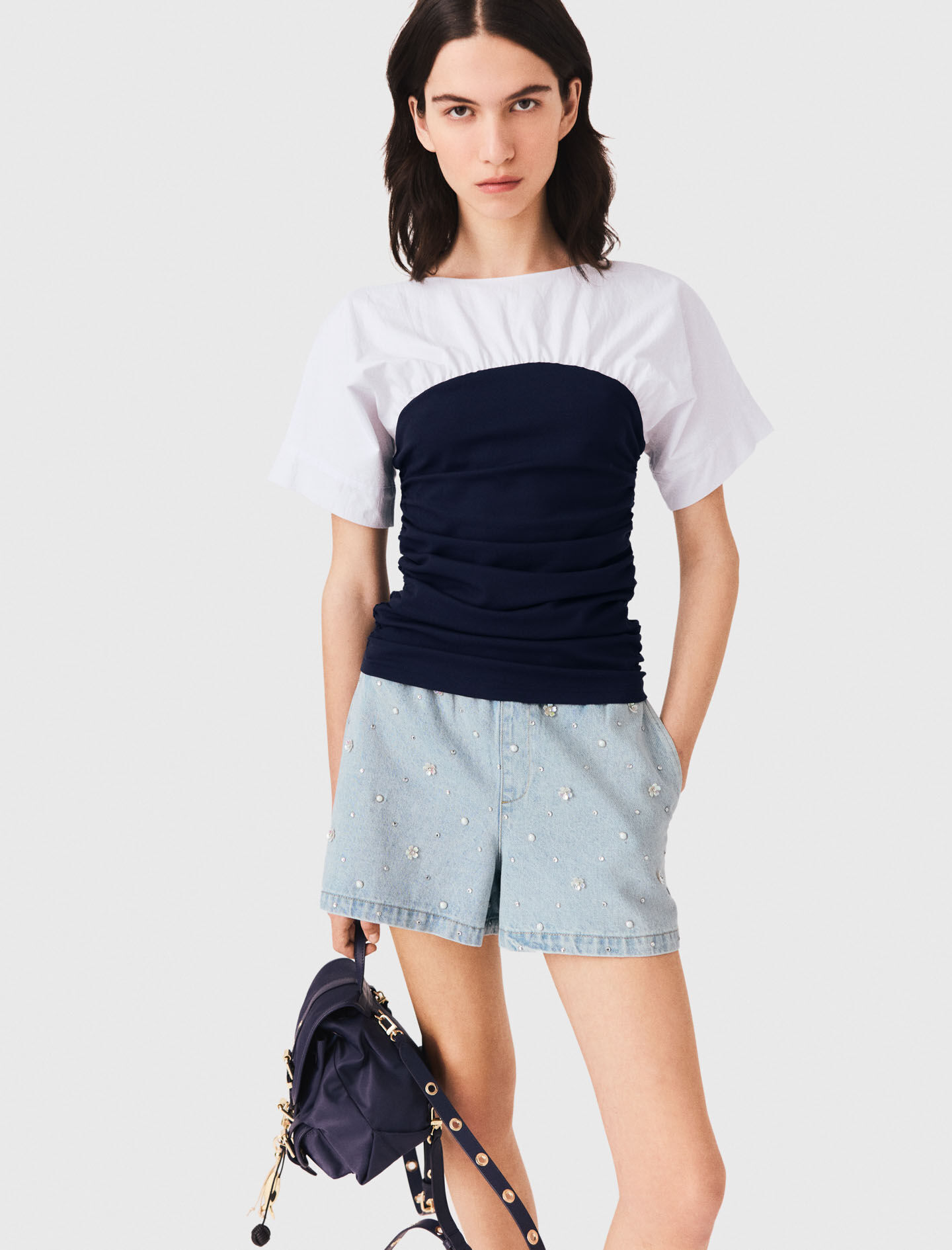 Pleated jersey top White/Navy for Women | Maje