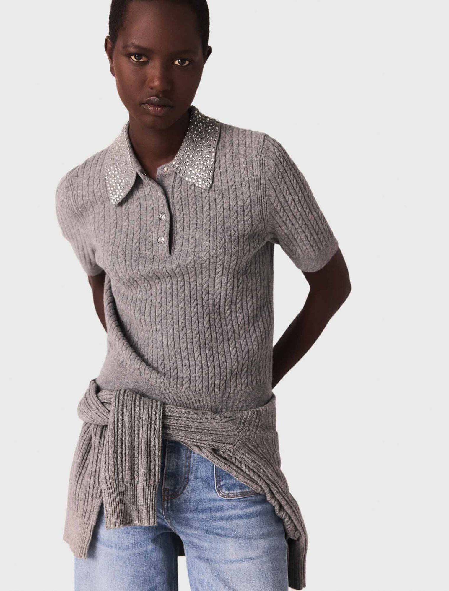 Wool polo shirt with rhinestone collar