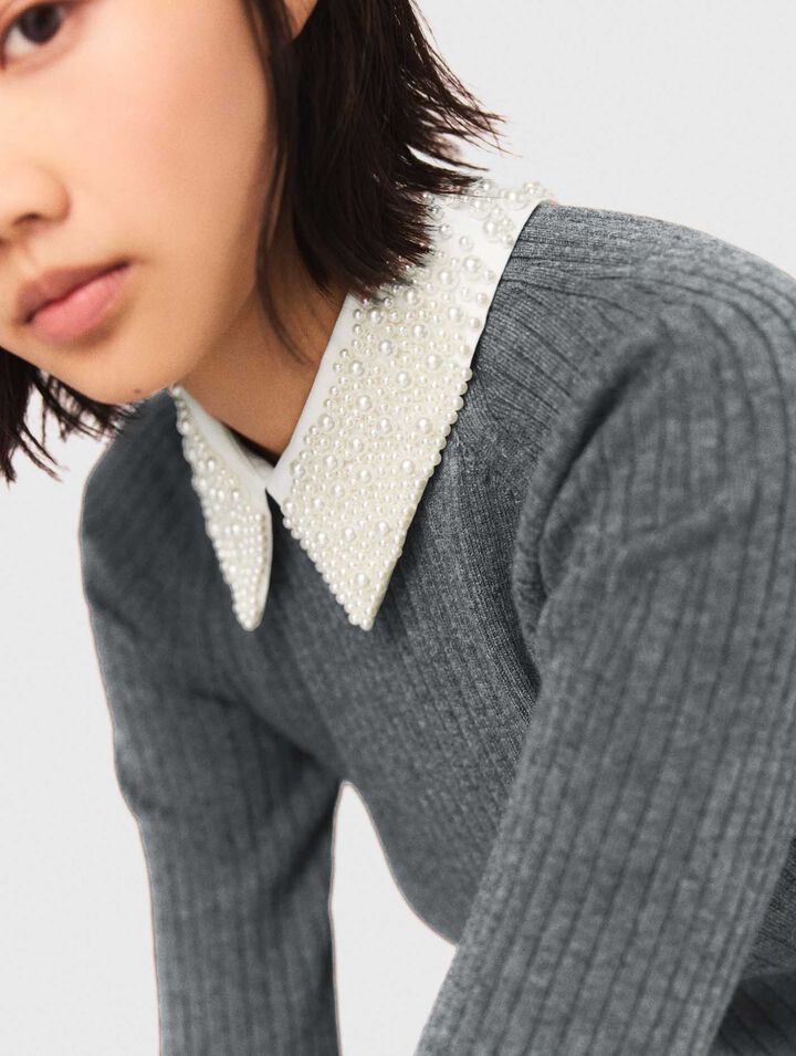 Beaded-collar short knit dress