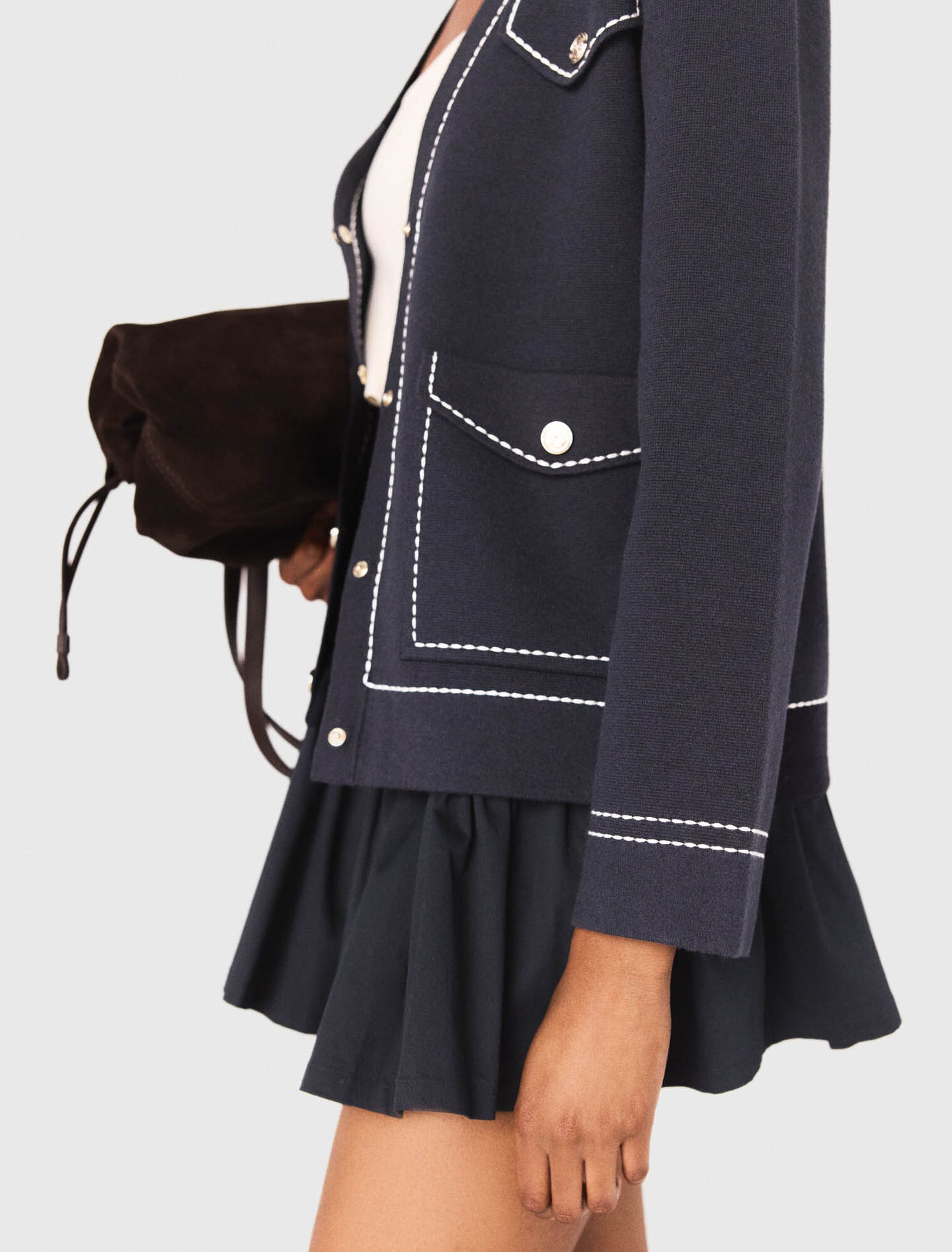 Long topstitched knit cardigan