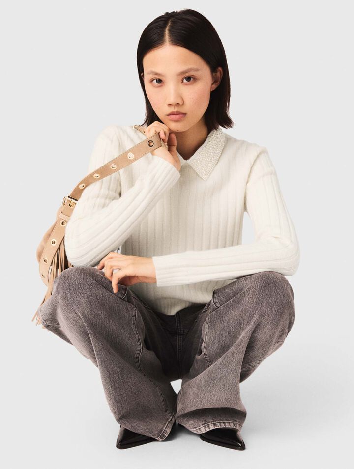 Pearl-collar ribbed jumper